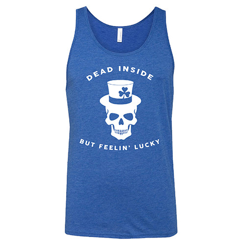 blue unisex tank top with a white leprechaun skull graphic on it