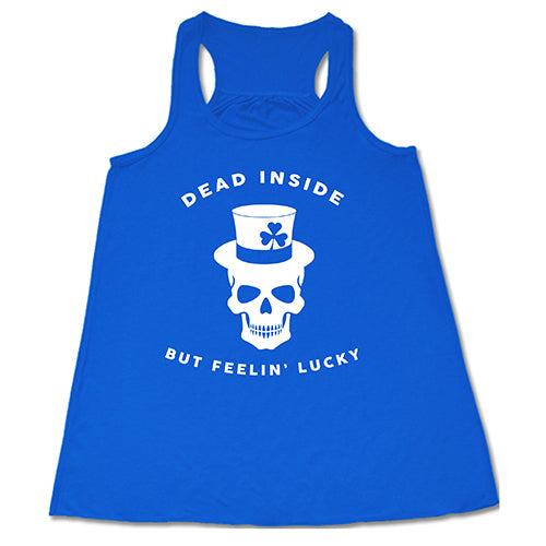 blue racerback tank top with a white leprechaun skull graphic on it