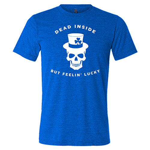 blue unisex shirt with a white leprechaun skull graphic on it