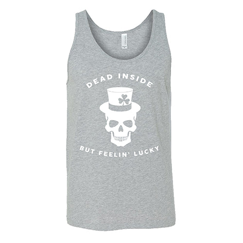 grey unisex tank top with a white leprechaun skull graphic on it