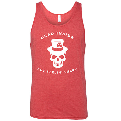red unisex tank top with a white leprechaun skull graphic on it