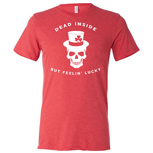red unisex shirt with a white leprechaun skull graphic on it
