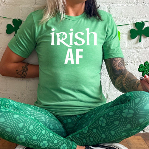 green unisex shirt with the saying "Irish AF" on it in white