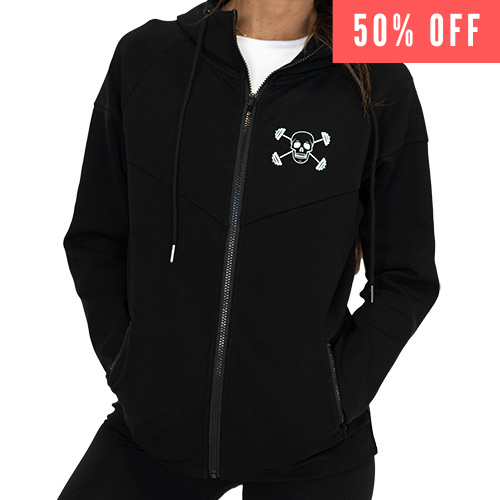 50% off of the black zip up sweatshirt with the CVG skull logo on the top left corner