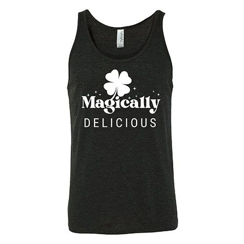 black unisex tank top with a quote on it in white that says "magically delicious"