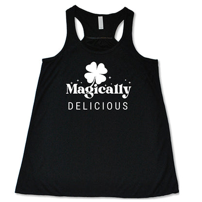 black racerback tank top with a quote on it in white that says "magically delicious"