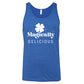 blue unisex tank top with a quote on it in white that says "magically delicious"