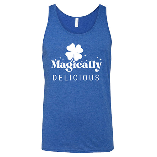 blue unisex tank top with a quote on it in white that says "magically delicious"