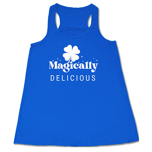 blue racerback tank top with a quote on it in white that says "magically delicious"