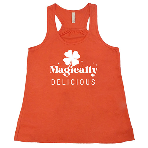 coral racerback tank top with a quote on it in white that says "magically delicious"