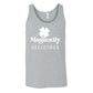 grey unisex tank top with a quote on it in white that says "magically delicious"