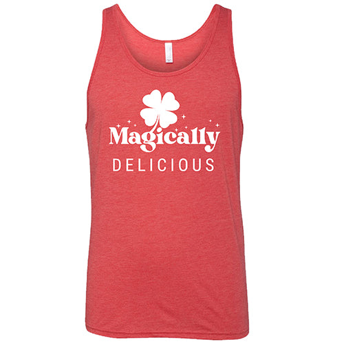 red unisex tank top with a quote on it in white that says "magically delicious"