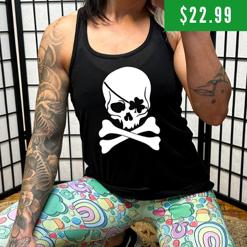 $22.99 black unisex shirt with a shamrock skull graphic on it in white