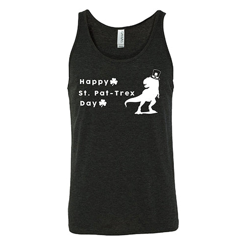 black unisex tank top that has a dinosaur and clover graphic on it