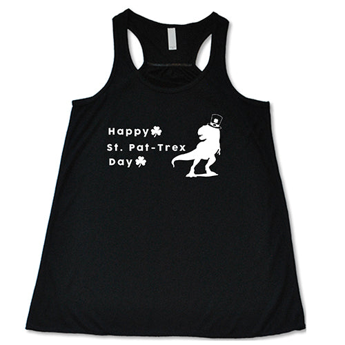 black racerback tank top that has a dinosaur and clover graphic on it