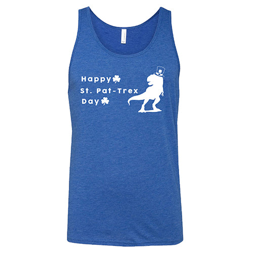 blue unisex tank top that has a dinosaur and clover graphic on it