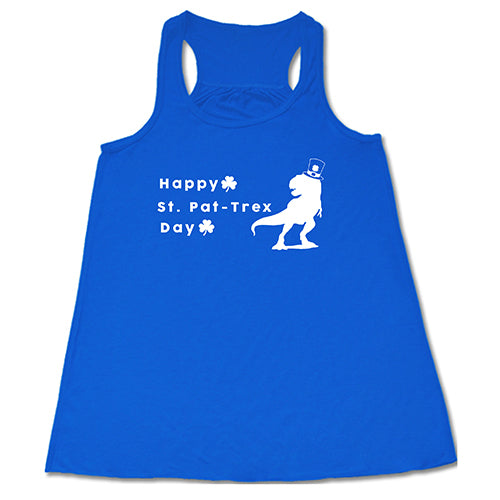 blue racerback tank top that has a dinosaur and clover graphic on it