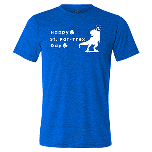 blue unisex shirt that has a dinosaur and clover graphic on it