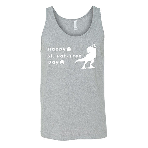 grey unisex tank top that has a dinosaur and clover graphic on it