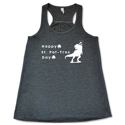 grey racerback tank top that has a dinosaur and clover graphic on it