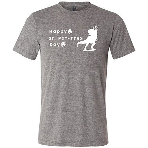 grey unisex shirt that has a dinosaur and clover graphic on it