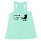 mint racerback tank top that has a dinosaur and clover graphic on it