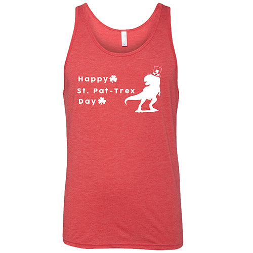 red unisex tank top that has a dinosaur and clover graphic on it
