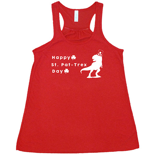red racerback tank top that has a dinosaur and clover graphic on it
