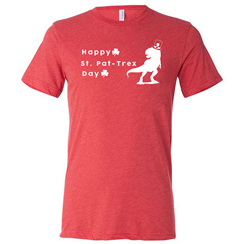 red unisex shirt that has a dinosaur and clover graphic on it
