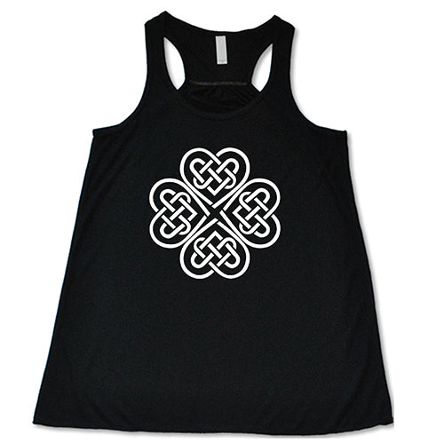 black racerback tank top with a celtic knot graphic in white