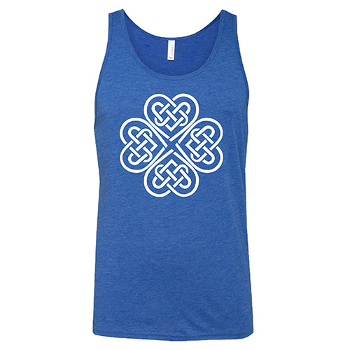 blue unisex tank top with a celtic knot graphic in white