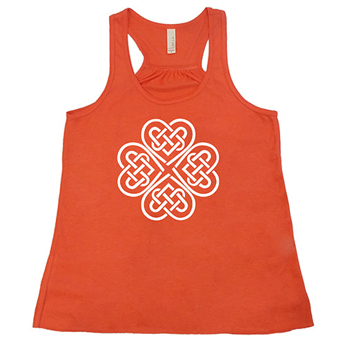 coral racerback tank top with a celtic knot graphic in white
