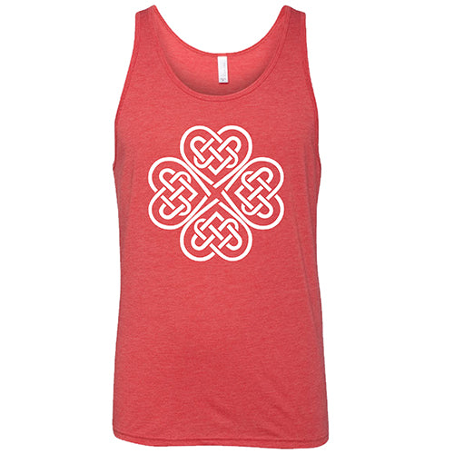 red unisex tank top with a celtic knot graphic in white