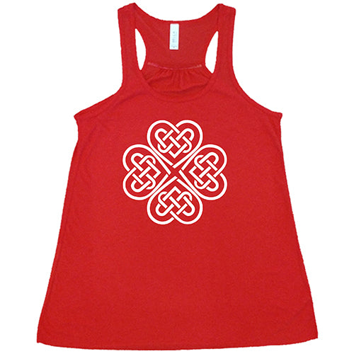 red racerback tank top with a celtic knot graphic in white