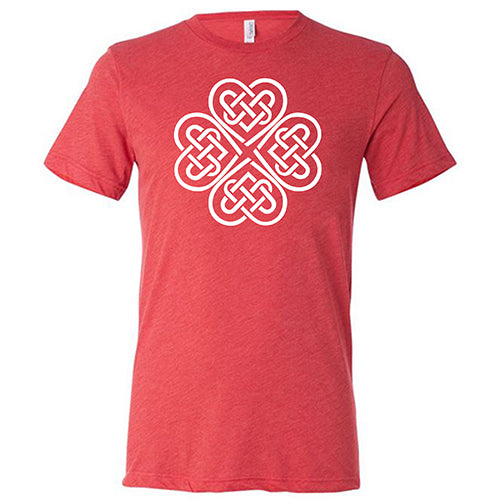 red unisex shirt with a celtic knot graphic in white