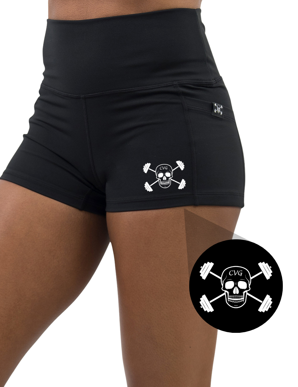 front of the cvg skull logo 2.5 inch black shorts against a white background