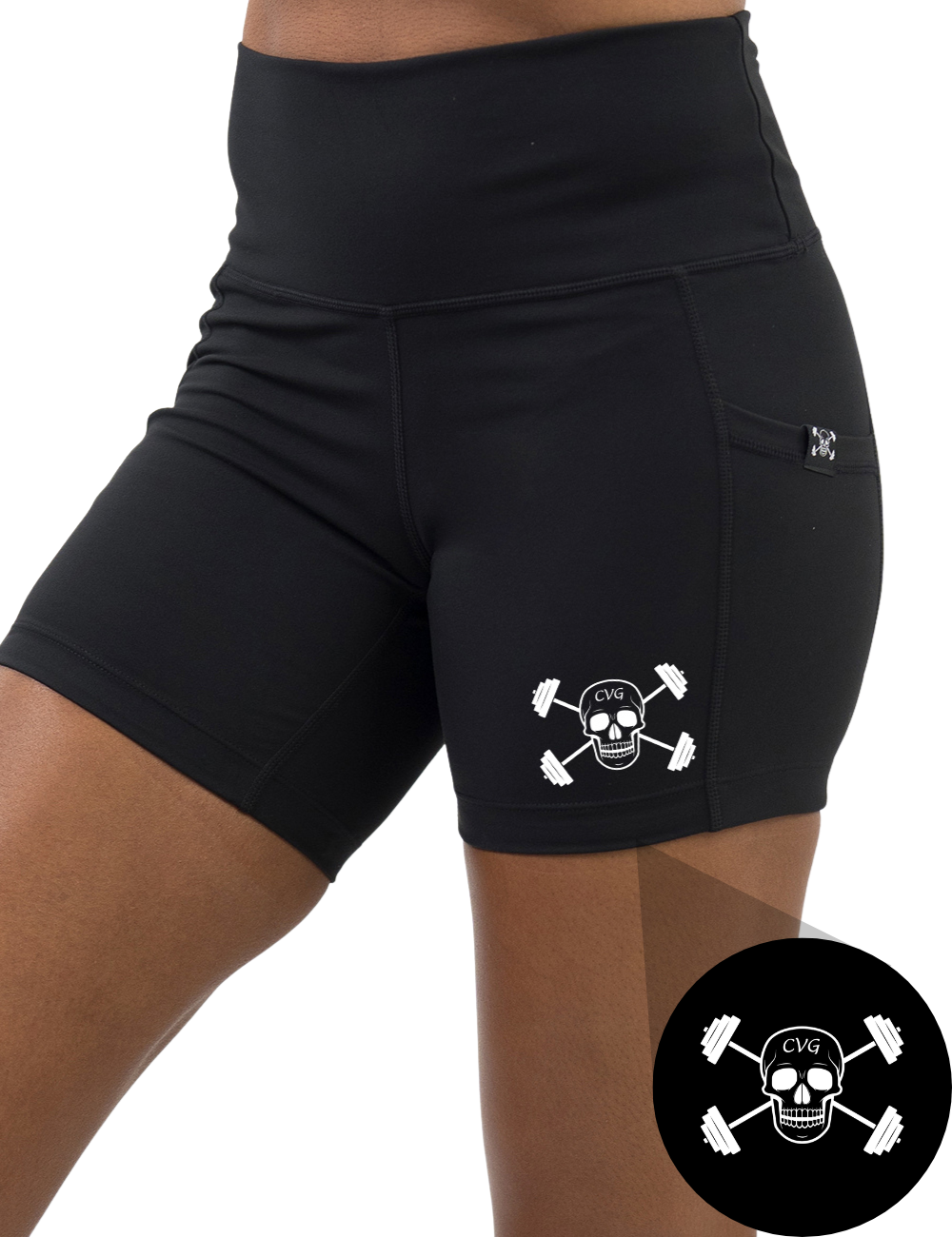 front of the cvg skull logo 5 inch black shorts against a white background