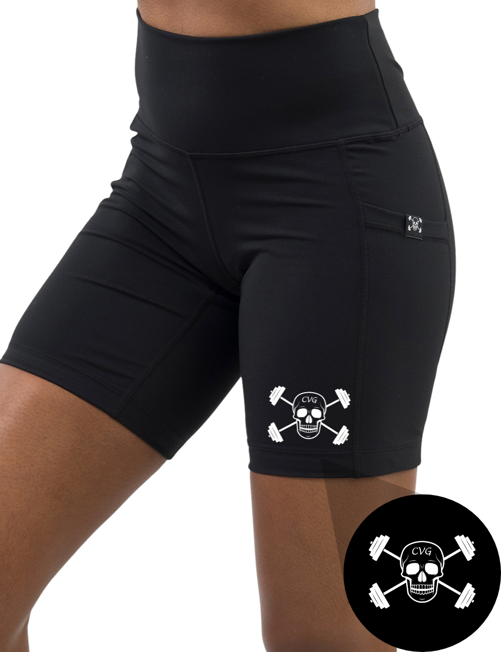 front of the cvg skull logo graphic 7 inch black shorts against a white background