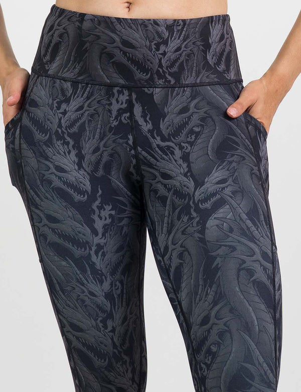 close up of the black leggings with grey dragons