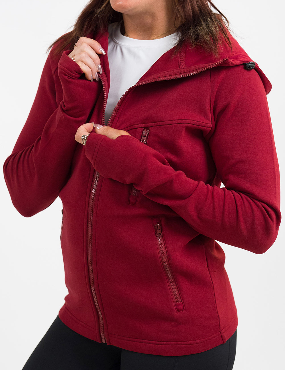 front of the dark red rest day zip up sweatshirt against a white background