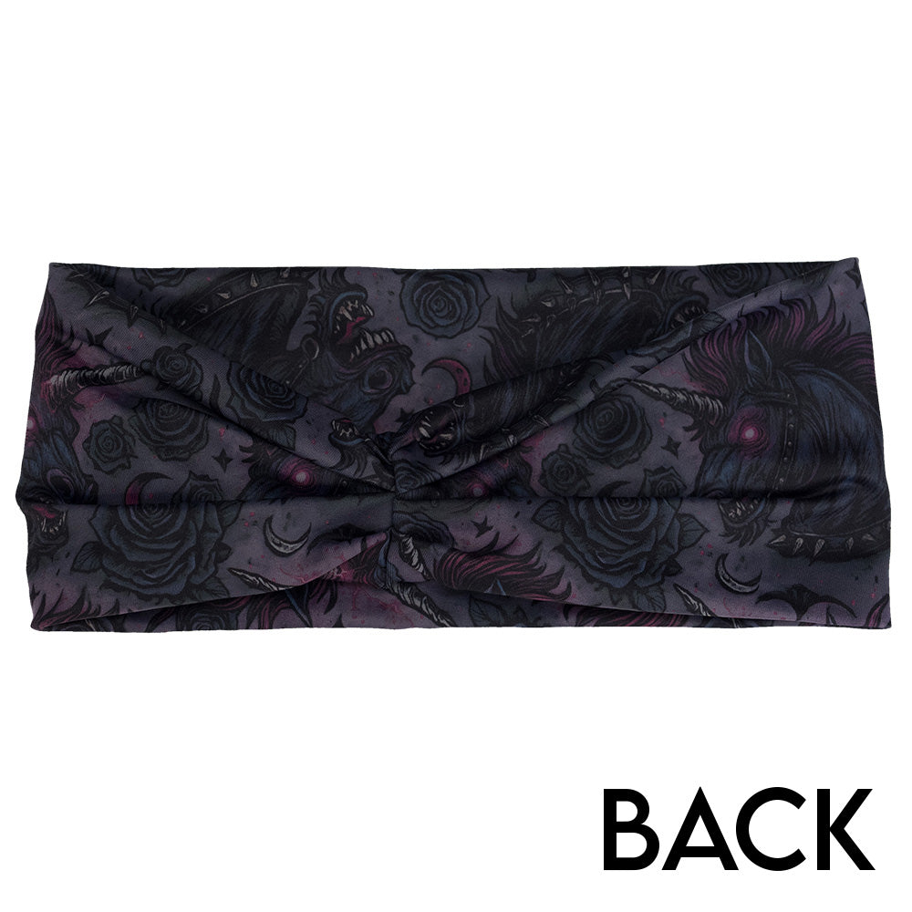 back of the headband with goth unicorn design on it