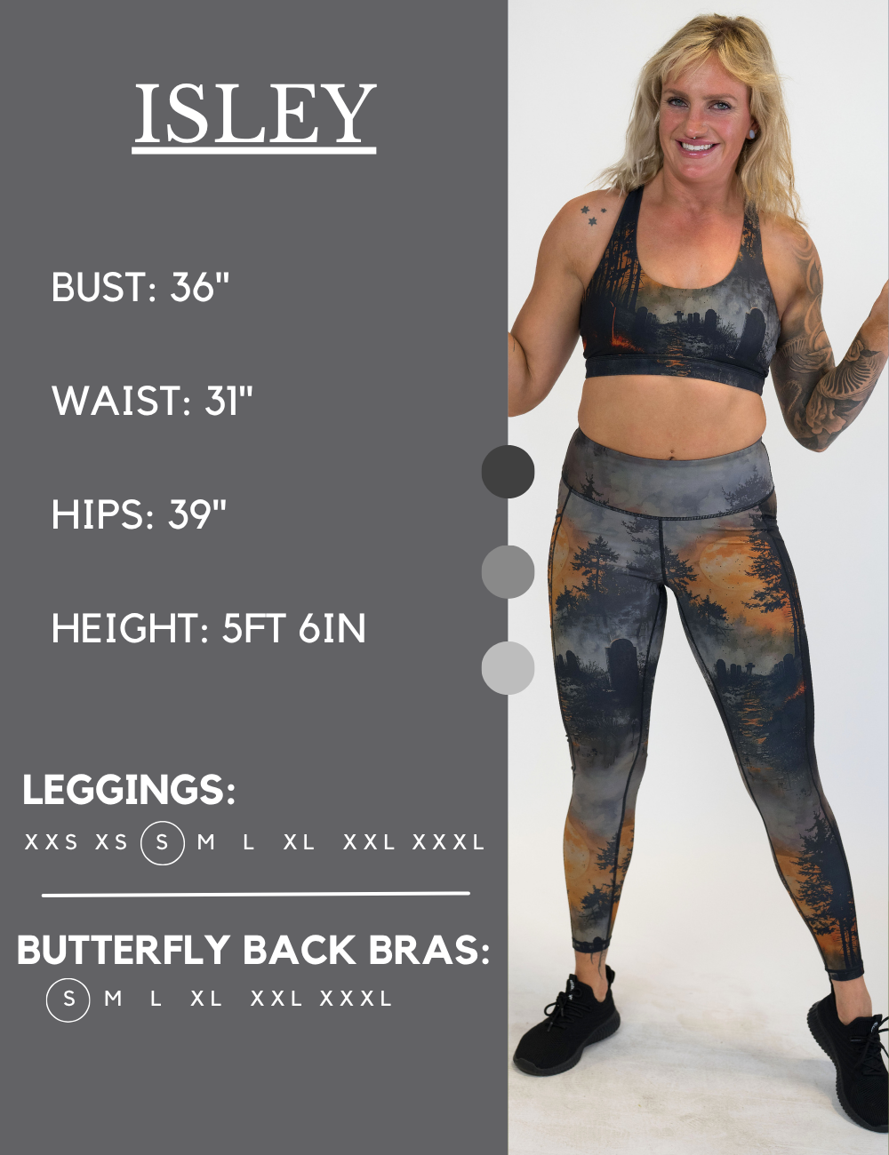 Model’s measurements of 36” bust, 31” waist, 39” hips and height of 5 ft 6 inches. She is wearing a size small in our leggings