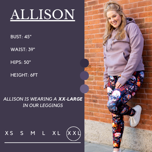 Model's measurements of 45 inch bust, 39 inch waist, 50 inch hips, and height of 6 feet. She is wearing a size extra extra large in these leggings.
