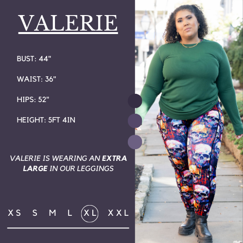Model's measurements of 44 inch bust, 36 inch waist, 52 inch hips, and height of 5 foot 4 inches. She is wearing a size extra large in these leggings.