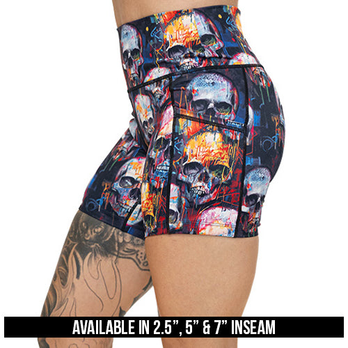 skull paint splatter shorts available in 2.5, 5 and 7 inch inseams