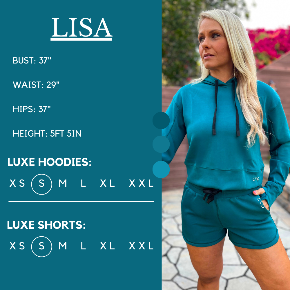 Model’s measurements of 37” bust, 29” waist, 37” hips and height of 5 ft 5 inches. She is wearing a size small in our luxe shorts and hoodies