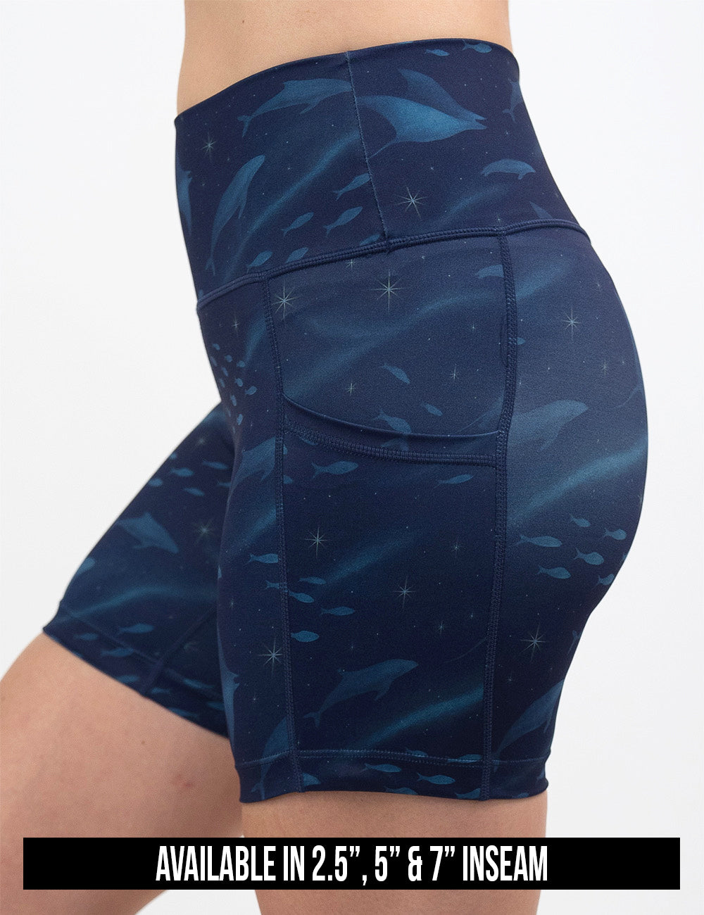 available inseam lengths for the dark blue ocean filled with sting rays, whales, and fish shorts, lengths include 2.5, 5, and 7 inches