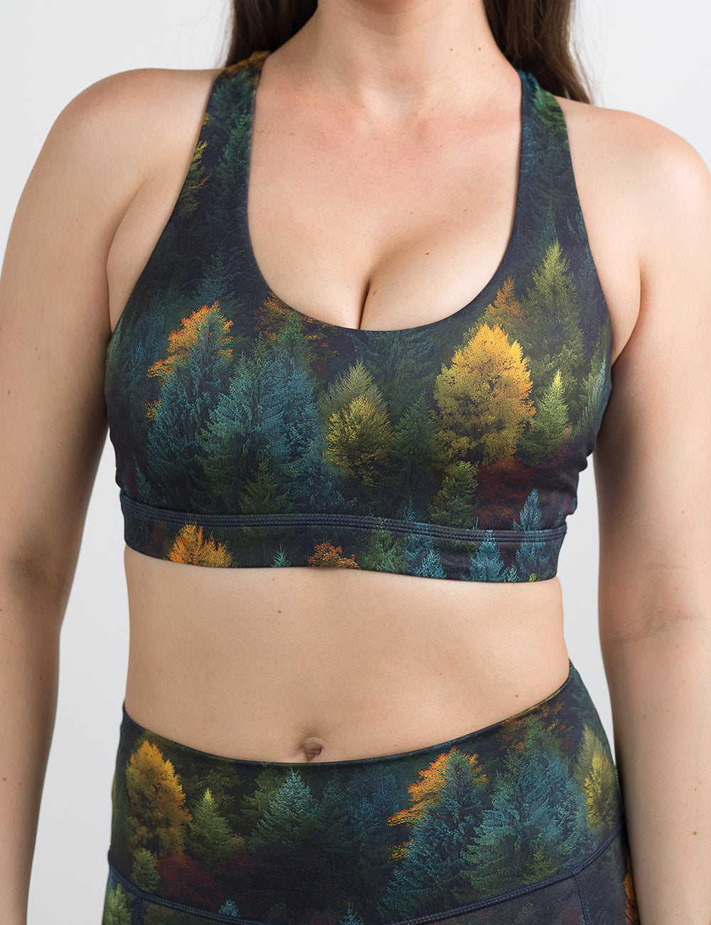 front of the orange, green, and bluish green trees bra against a white background