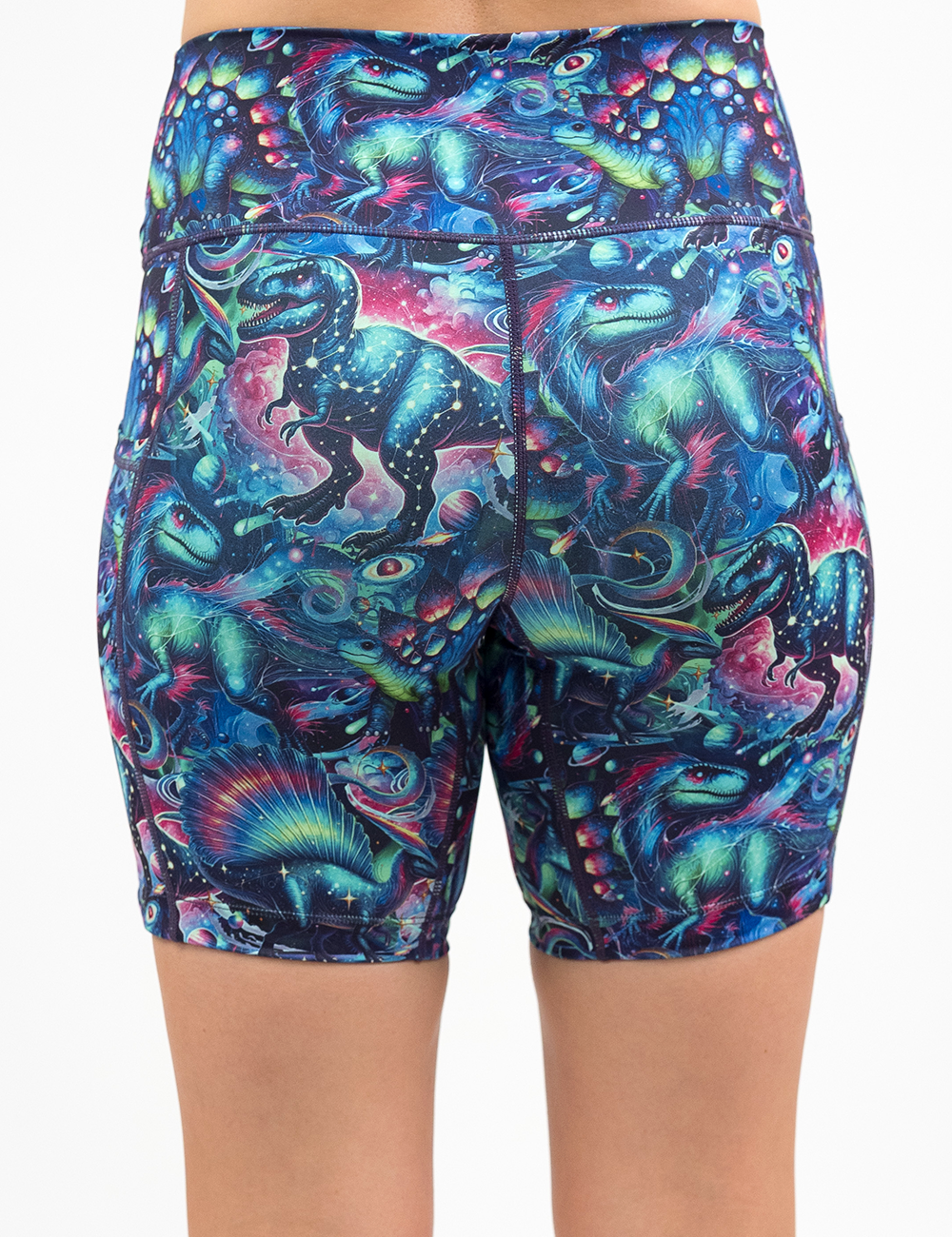 back of the colorful dinosaur 7 inch shorts against a white background