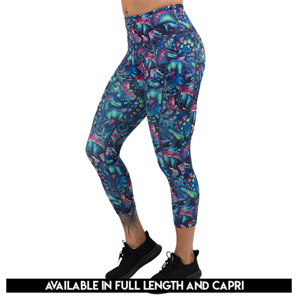 leggings with colorful dinosaur design available in capri and full length 